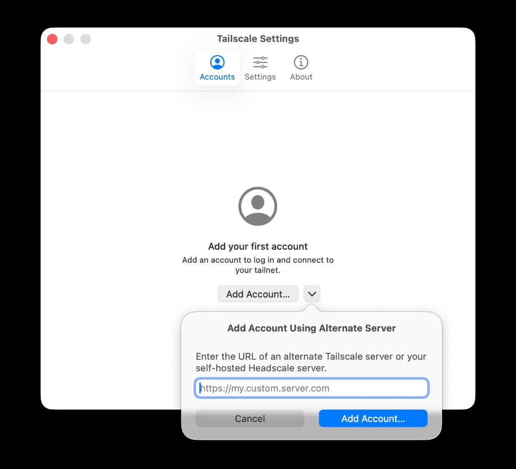 Add account using alternate server